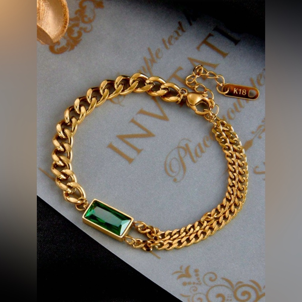 New Green 18k Gold Plated Women's Square Shaped Chain Bracelet